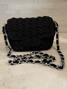 NEW! Maison Lurex Black Crochet Chain-Trim Crossbody Bag